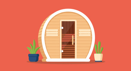 Fototapeta premium Illustration of a Barrel Sauna with Potted Plants on a Coral Backdrop Depicting a Serene Spa Scene