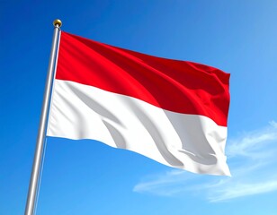 The red and white Indonesian flag for the Indonesian Independence Day design flies high above the bright blue sky