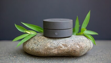 Dark gray round device sits atop a rough stone, framed by fresh green leaves.  Simple, minimalist aesthetic