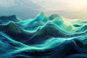 abstract digital landscape made of flowing code, terrain shaped by numbers and symbols, surreal tech world 

