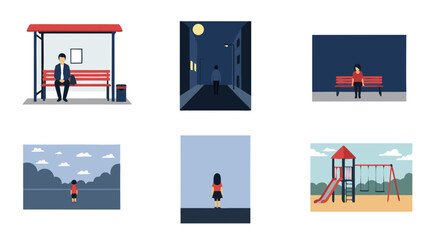 Contemplative moments in minimalist illustrations, capturing solitude and human experience across diverse urban and natural settings