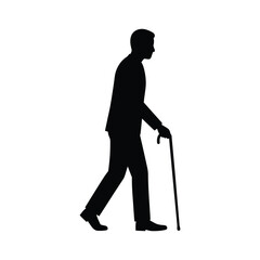 Fototapeta premium Silhouette of an old man walking with a cane, isolated on white background a senior person using a walking stick for support and mobility assistance