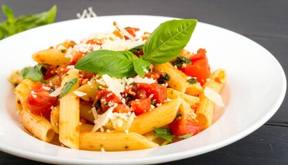 Close-up of Penne Pasta with Tomato Sauce, Parmesan Cheese, and Fresh Basil