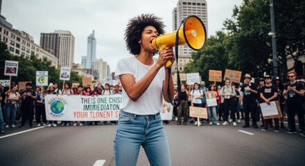 A woman speaks into a megaphone at a protest, with a crowd of people behind her.