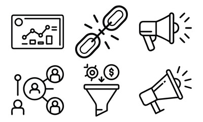 Marketing and Business Line Icons 6 Vector Icons for SEO Link Building, Sales Funnel, Promotion, Analytics, Customer Targeting and Digital Advertising