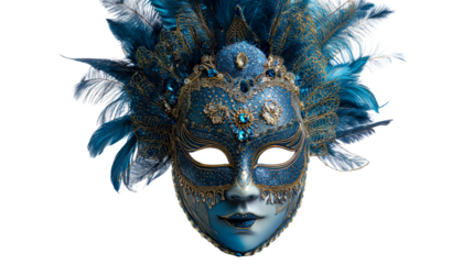 Elegant blue masquerade mask adorned with feathers and jewels