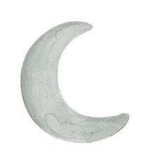 Watercolor crescent moon clipart with transparent background. Dreamy gray moon illustration for nursery clipart, baby shower themes, scrapbooking, and night sky or bedtime designs.