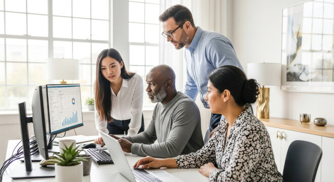 Four people working together in a modern office setting.