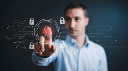 Confident businessman activates biometric security system with fingerprint scan, securing digital data and personal identity in futuristic interface