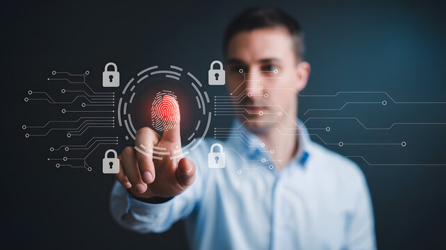 Confident businessman activates biometric security system with fingerprint scan, securing digital data and personal identity in futuristic interface