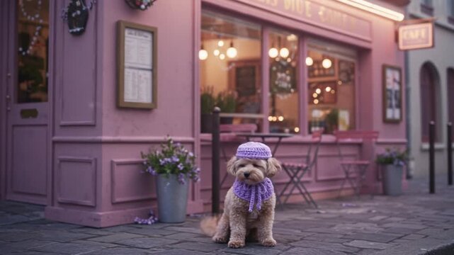 Charming Dog in Crochet Outfit Sits Outside Pink Parisian Cafe.