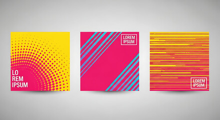 Three square graphic design covers featuring abstract patterns and "Lorem Ipsum" text, showcasing vibrant colors and modern visual styles.