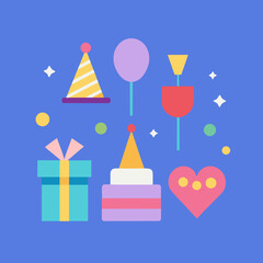 Colorful birthday party elements on a blue background