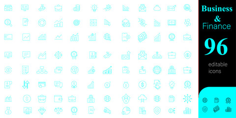 Business Editable Icons set-Vector illustration in modern thin line of business-related cyan icons: meeting, documents, growth, dollar, devices, communication, mentorship, HR management, innovation