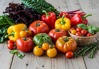 Basket of fresh, colorful organic heirloom tomatoes on a wooden surface.