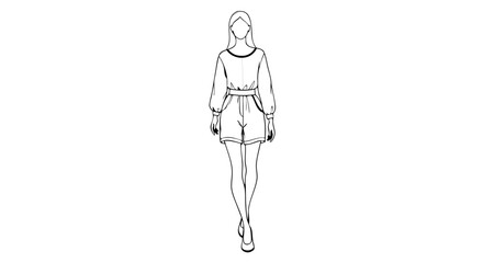 Fashionable woman illustration showcasing a trendy romper design and stylish feminine elegance perfect for fashion illustration and garment design