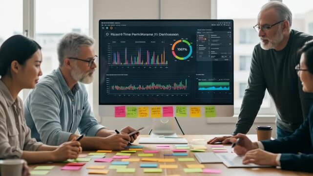 Collaborative team meeting analyzing data on a large screen with colorful notes scattered on the table