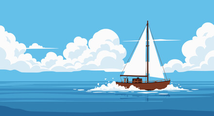 Naklejka premium Serene Sailing Voyage: A Cartoon Yacht Adrift on Azure Waters Under a Sunny, Cloud-Strewn Sky
