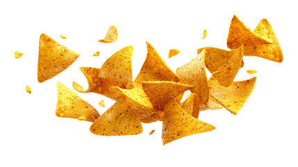 Crunchy triangular corn chips floating in the air