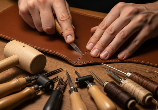 Leatherworker's hands using a tool to cut a piece of brown leather.