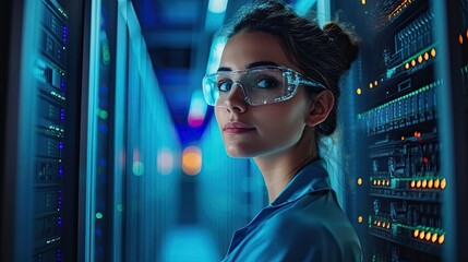 Confident woman overseeing data center operations with server racks shimmering in cool light, ensuring network infrastructure is secure and efficient for business solutions