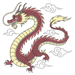 Chinese dragon flying over clouds isolated on white background