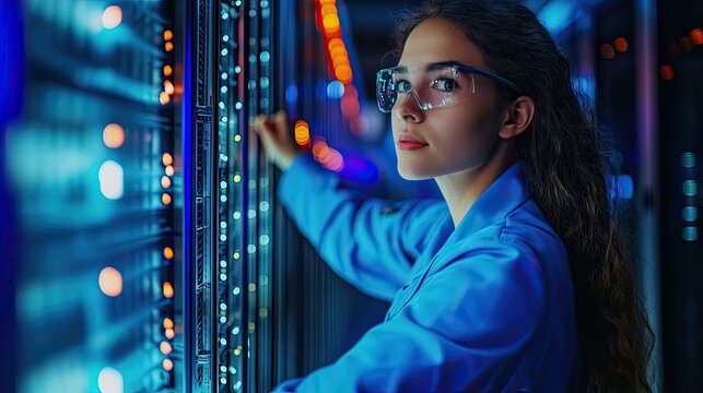 Intelligent engineer inspecting server racks in futuristic data center, ensuring optimal performance and security of cloud computing infrastructure with cutting edge technology