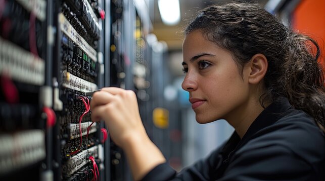 Focused IT professional maintaining server network cables in a data center for optimal performance and cybersecurity, ensuring seamless connectivity and reliability