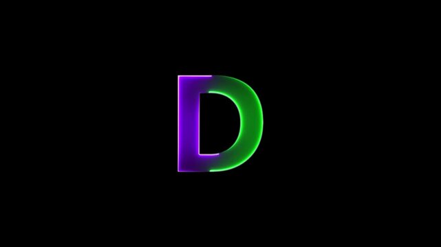 Glowing neon letter D , glowing neon font, D alphabet symbol . Seamless looping alphabet animation on black background.