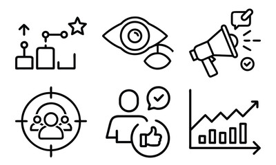 Marketing and Business Line Icons 6 Vector Icons for SEO Link Building, Sales Funnel, Promotion, Analytics, Customer Targeting and Digital Advertising