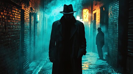 Intriguing silhouette of a mysterious man in hat and trench coat walking through a smoky alleyway at night, perfect for crime thriller book covers and edgy urban designs