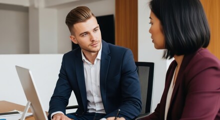A man and a woman in a business meeting.