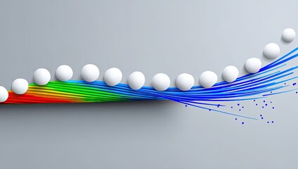 White spheres aligned on a rainbow-colored band, with radiating blue lines and dots