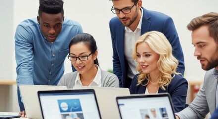 A diverse group of business professionals working together on a laptop in an office setting.