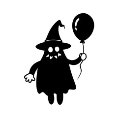Cute halloween monster with witch hat and balloon isolated on white background