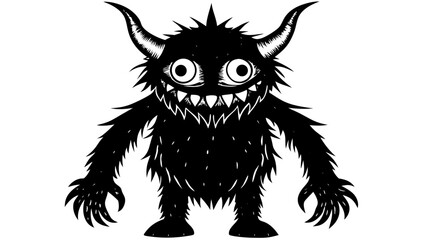 Cartoon monster with horns and sharp teeth isolated on white background