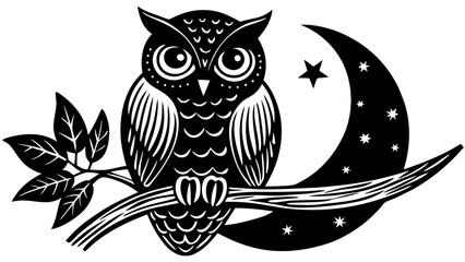 Illustration of an owl perched on a branch with moon isolated on white background