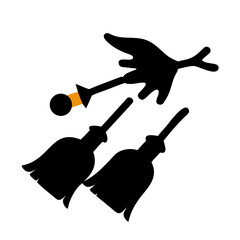 Three black witch brooms and a flying witch isolated on white background