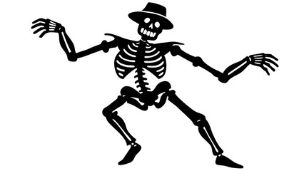Silhouette of dancing skeleton with hat isolated on white background