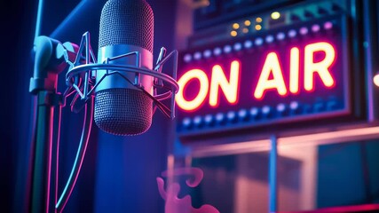 A radio studio setup with a microphone, a mixing console and a lit sign "ON AIR". Radio and broadcasting concept. - Powered by Adobe