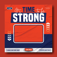 Naklejka premium Motivational fitness social media post with muscular man lifting weights