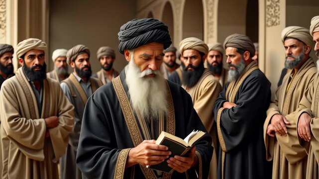 An elderly sheik in the past, surrounded by a group of Muslim people in traditional Middle Eastern attire