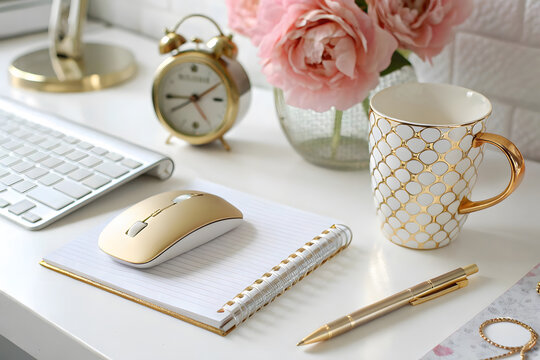 Elegant Desk Setup with Gold Accents Keyboard Mouse Alarm Clock and Flowers office workspace