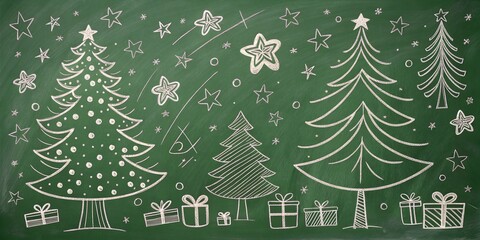 Chalkboard texture with white chalk doodles of Christmas trees, gifts, and stars in seamless loop



















