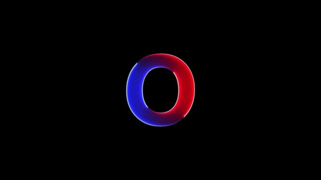 Glowing neon letter O , glowing neon font, O alphabet symbol . Seamless looping alphabet animation on black background.