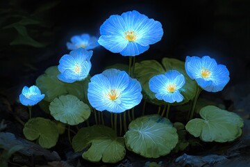 Glowing blue flowers in dark forest