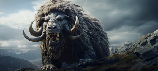 Fototapeta premium A haunted gothic mammoth griffin perched on a wind-swept hill,generative AI