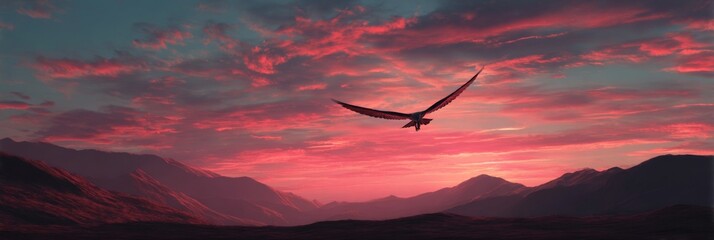 Majestic bird soaring through colorful twilight sky above majestic mountains with clouds and vibrant sunset hues