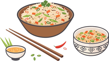 Fried Rice in bowl illustration vector design, Fried Rice logo and icon design