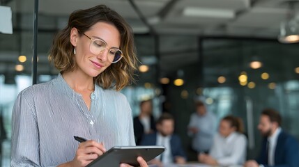 businesswoman writing digital notes on tablet during team meeting in glass office